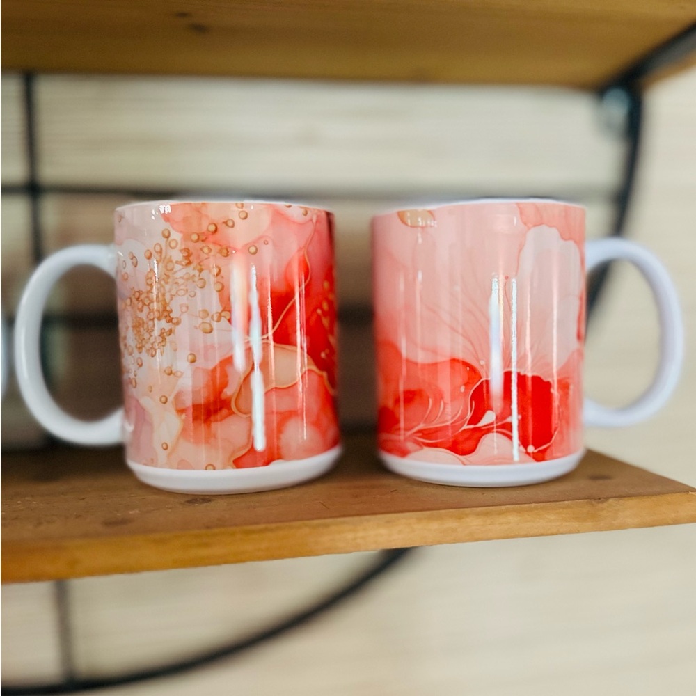 Abstract Pink and Gold Ceramic Mug Set